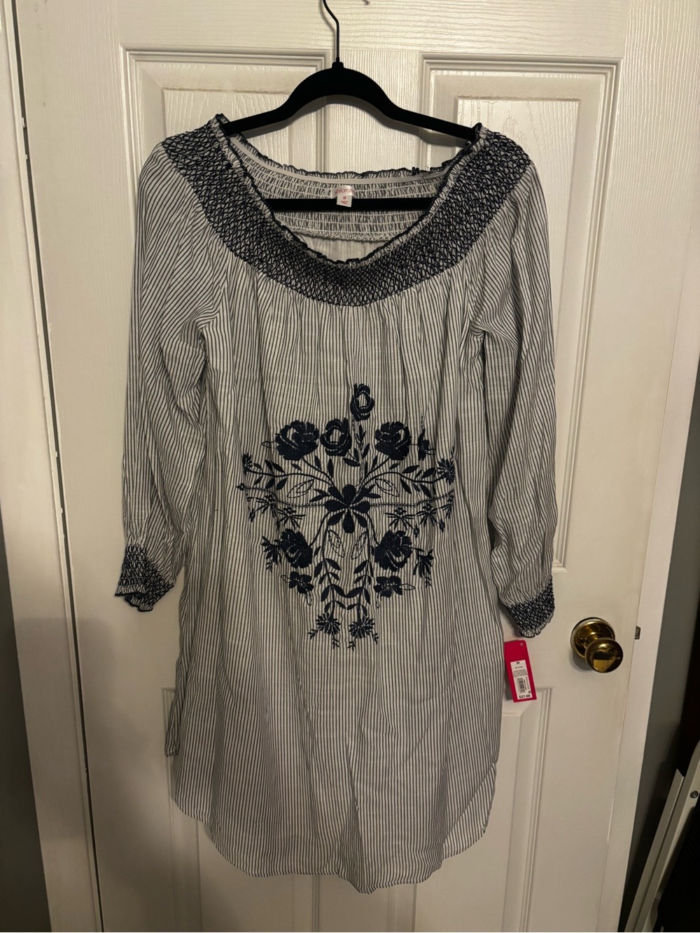 NWT Xhilaration White and Navy Striped Midi Dress with Navy Floral Embroidery